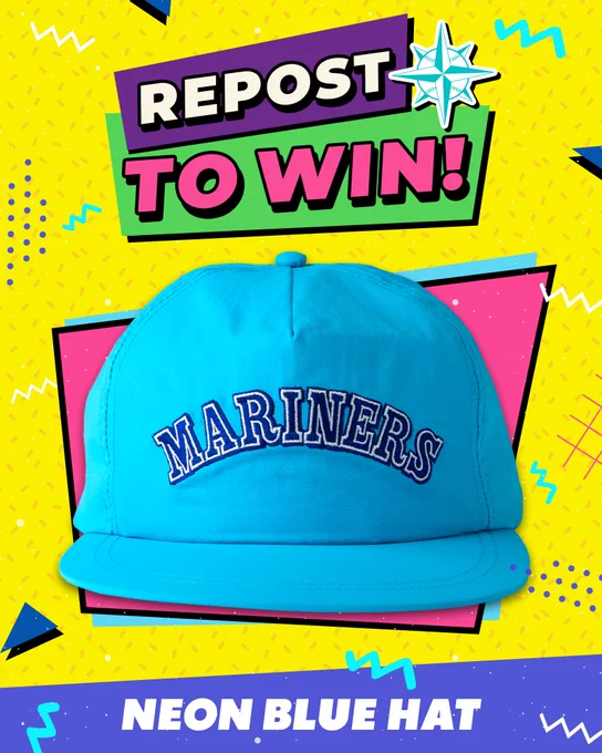 Repost to win!

[Photo of the Mariners '90s Night Neon Blue Hat giveaway]

Neon Blue Hat