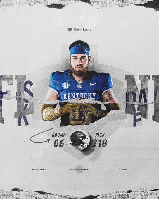 Graphics showing Devin Leary was drafted #218 by the Ravens
