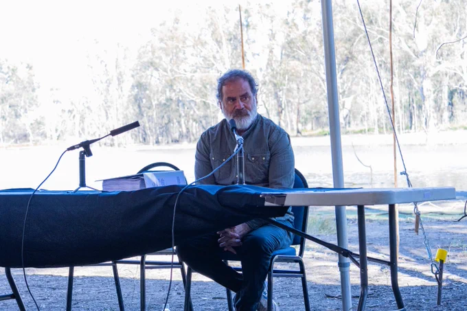 MLDRIN Deputy Chair, Brendan Kennedy provides powerful testimony to Yoorook Justice Commission at Margooya Lagoon, Robinvale, Victoria.                                                                                                                     
Image reproduced courtesy of Yoorook Justice Commission & Brendan Kennedy. 