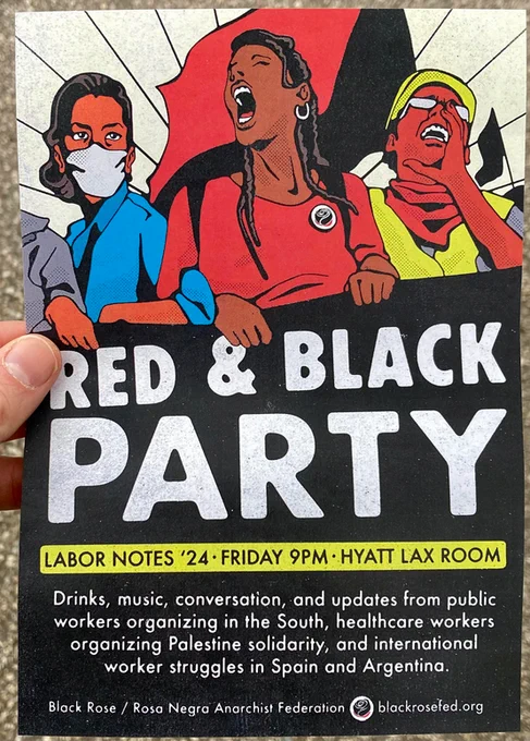 Flyer pour la red and black party  avec en haut un dessin de manif avec deux femmes et un homme avec un drapeau rouge et noir en fond, au milieu en grosses majuscules blanches Red and black party et en bas les détails pratiques