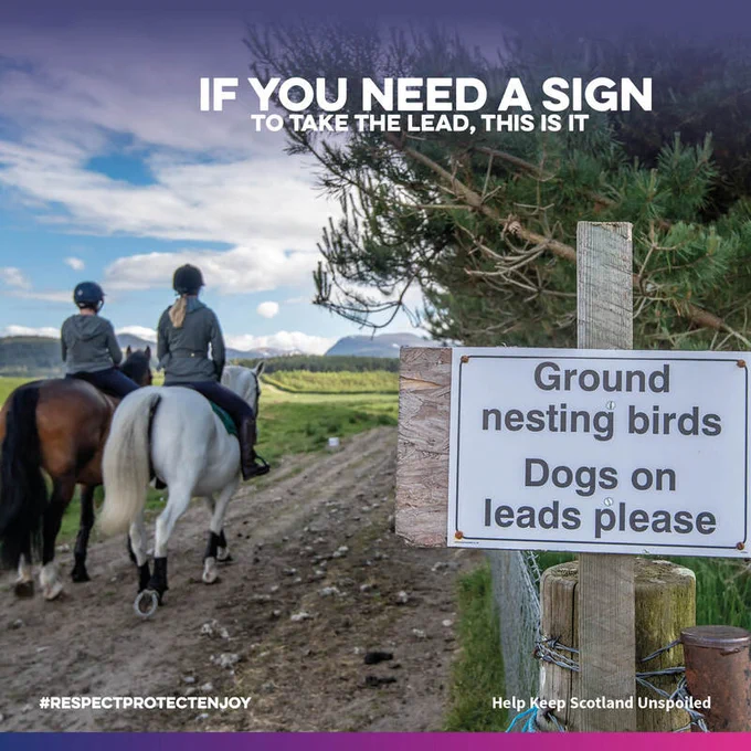 Image of two people on horses. A sign saying 'Ground nesting birds. Dogs on leads please' is visible in the foreground.

The image has the following text on it - "If you need a sign to take the lead, this is it"