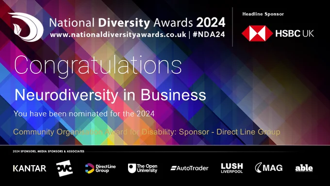 Image showing National Diversity Awards 2024 logo on a multicolour background with text 'Congratulations Neurodiversity in Business - You have been nominated for the 2024Community Organisation for Disability: Sponsor - Direct Line Group
