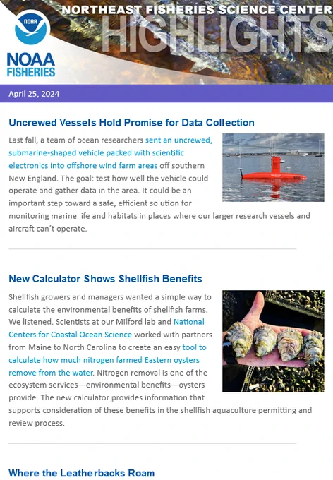 Screenshot of top part of the eNewsletter. Includes short description text, web links, photos, and NOAA Fisheries logo.