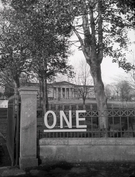 Black and white photograph of the Modern One gallery and its entrance