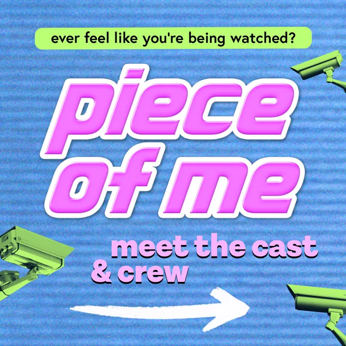 Image is a blue background with large neon pink writing that says ‘piece of me meet the cast and crew’