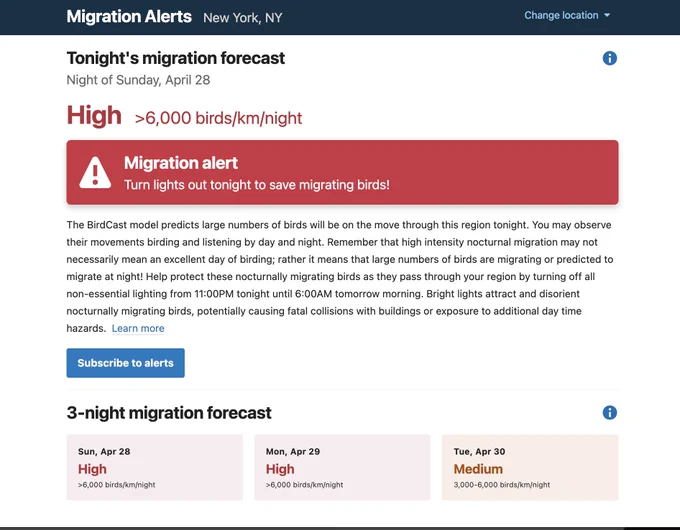 A migration alert from BirdCast.info showing high migration alerts for Sunday and Monday in NYC. "Turn lights out tonight to save migrating birds!"