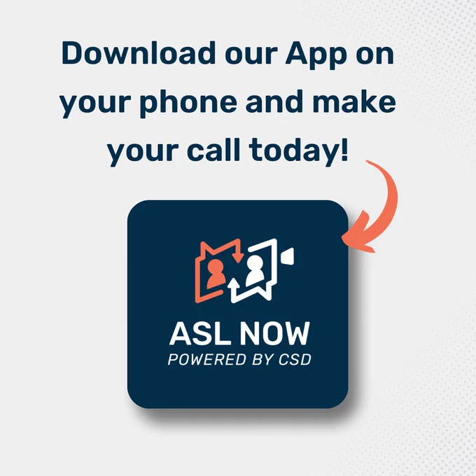 The graphic shows an app button that has a blue background and the ASL Now logo in it. Above it is the header text: "Download our App on your phone and make your call today!" There is an orange arrow that points to the app icon. The background is white.