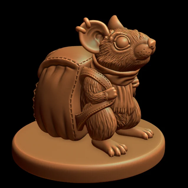 3D Render of an anthropomorphic Pack Rat, facing right, wearing a large leather backpack