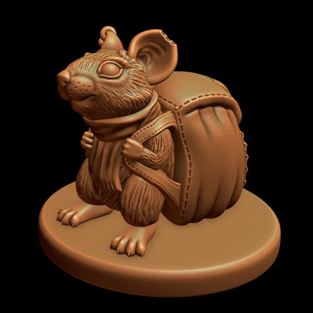 3D Render of an anthropomorphic Pack Rat, facing left, wearing a large leather backpack