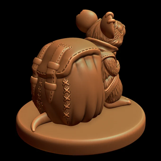 3D Render of an anthropomorphic Pack Rat, facing away from the viewer, wearing a large leather backpack