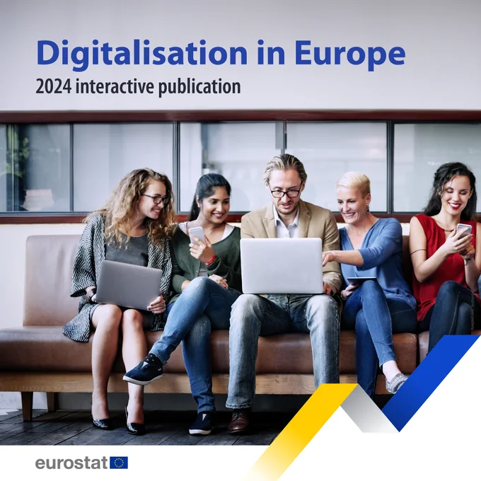 Photograph of people with laptops on a bench with the text 'Digitalisation in Europe, 2024, interactive publication' overlayed.