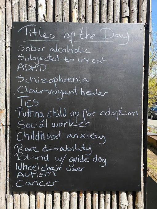 A list of the topics available to readers at the Human Library Reading Garden in Copenhagen.