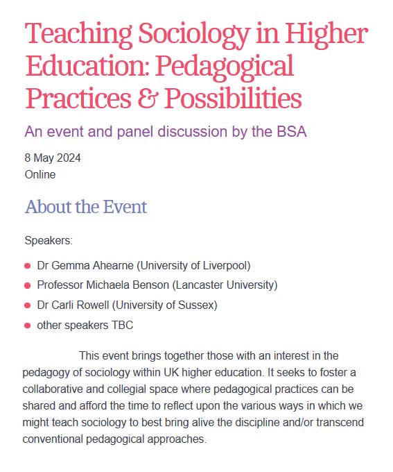 How can we teach sociology in order to best bring alive the discipline? Find out by registering for our free online event, ‘Teaching Sociology in Higher Education: Pedagogical Practices & Possibilities’, on 8 May http://tinyurl.com/2ekbt59y #sociology