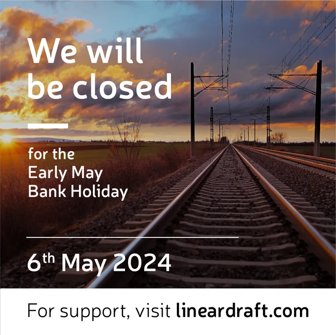 We will be closed for the Early May Bank Holiday, 6th May 2024. A sunset over an electrified railway.