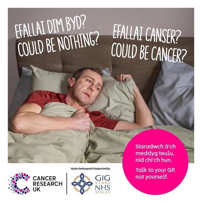 Effallai dim byd? Effallai Canser? 
Could be nothing? Could be Cancer? 

Siaradwch a ch meddyg teulu nid chi'ch hun. 
Talk to your GP, not yourself. 

Cancer Research UK 
Gyda chefnogaeth GIG Cymru / Supported by NHS Wales