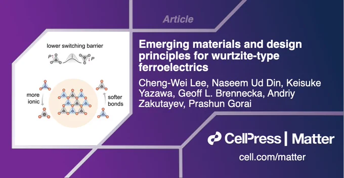 Article: Emerging materials and design principles for wurtzite-type ferroelectrics by Cheng-Wei Lee, Naseem Ud Din, Keisuke Yazawa, Geoff L. Brennecka, Andriy Zakutayev, Prashun Gorai. Cell Press, Matter, cell.com/matter.