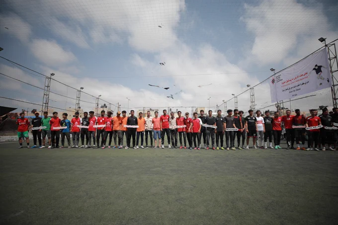 A line up of football players in Rafah, Gaza