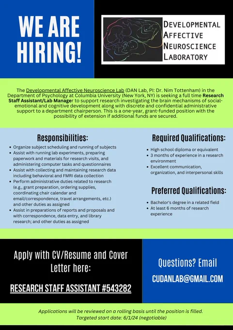 Job advertisement for the Developmental Affective Neuroscience Lab. Text is too long to be included in the alt text field but is provided in the tweets and in the job ad link.