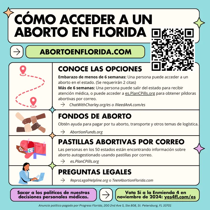 Cómo acceder a un aborto en Florida
Embarazo de menos de 6 semanas: Una persona puede acceder a un aborto en el estado. (Se requerirán 2 citas)
Más de 6 semanas: Una persona puede salir del estado para recibir atención médica, o puede acceder a es.PlanCPills.org para obtener píldoras abortivas por correo.
ChatWithCharley.org/es o INeedAnA.com/es
Obtén ayuda para pagar por tu aborto, transporte y otros temas de logística. AbortionFunds.org
Las personas en los 50 estados están encontrando información sobre aborto autogestionado usando pastillas por correo.
es.PlanCPills.org
Preguntas legales
ReproLegalHelpline.org o TeenAbortionFlorida.com
Sacar a los políticos de nuestras decisiones personales médicas.
Vota Sí a la Enmienda 4 en 
noviembre de 2024: yes4fl.com/es