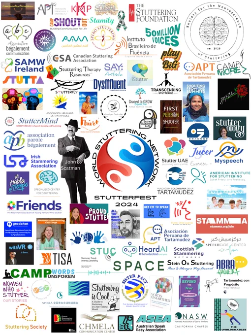 Poster showing many of the logos of the organisations and, in some cases, the faces of some of the 100-plus people who will be leading sessions at the StutterFEST'24 conference 