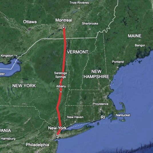 Red line showing the rough route alignment between Montreal and NYC