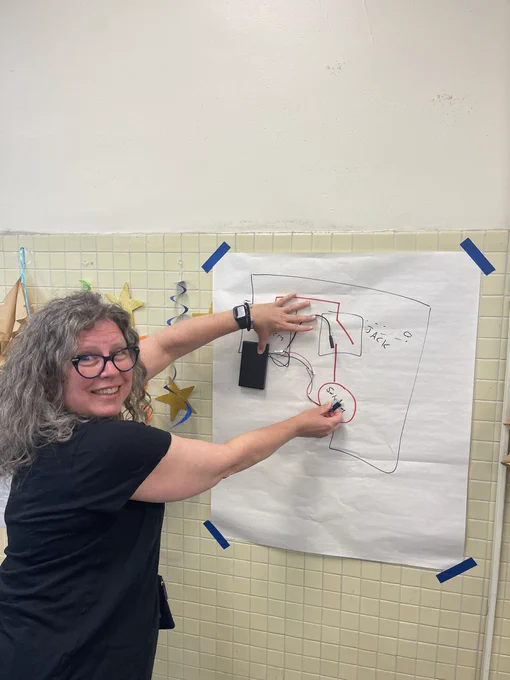 ATS Coach Karen B holds switch circut to paper drawing on wall