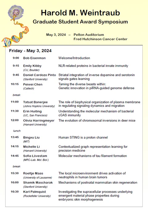 The 2024 Fred Hutch Weintraub Graduate Student Award Symposium is this Friday (May 3rd) in Pelton Auditorium 