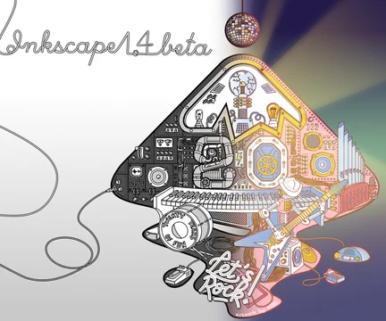 About Screen contest 1.3 participant m1981's image 'Inkscape rocks' (color / bw version combined), featuring a steampunk - rock music themed Inkscape logo and the text Inkscape 1.4 beta.