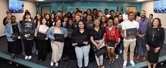 Metro Schools valedictorians and salutatorians at the Board of Education meeting.
