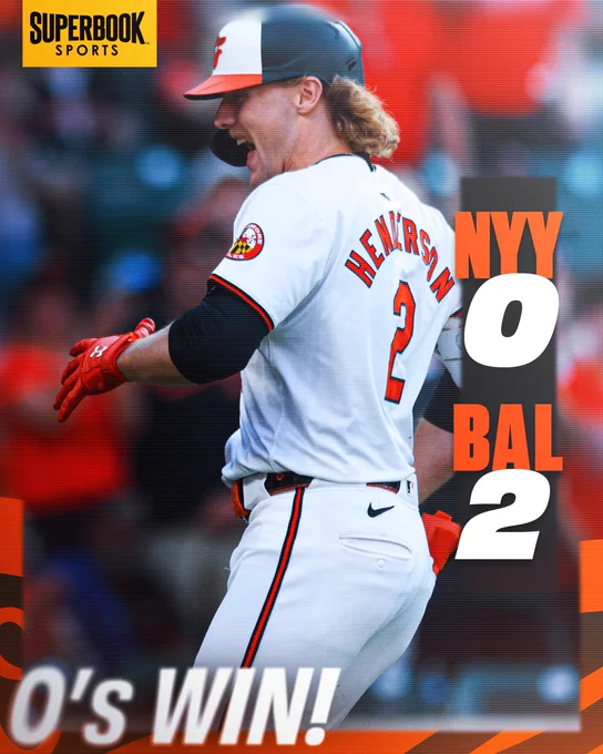 O’s Win!

Yankees - 0
Orioles - 2

The graphic features an image of Henderson celebrating after hitting a home run. He is wearing a white Orioles uniform.