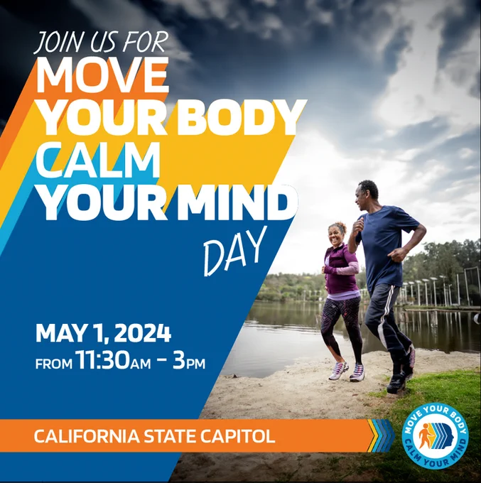 The image of 2 people on a light jog. Join us for Move your body and Calm your mind day is written across the image. 