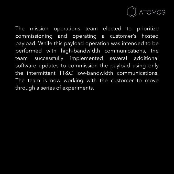 The mission operations team elected to prioritize commissioning and operating a customer’s hosted payload. While this payload operation was intended to be performed with high-bandwidth communications, the team successfully implemented several additional software updates to commission the payload using only the intermittent TT&C low-bandwidth communications. The team is now working with the customer to move through a series of experiments.