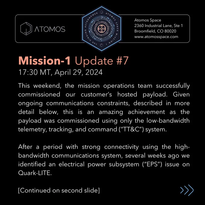 This weekend, the mission operations team successfully commissioned our customer’s hosted payload. Given ongoing communications constraints, described in more detail below, this is an amazing achievement as the payload was commissioned using only the low-bandwidth telemetry, tracking, and command (“TT&C”) system.

After a period with strong connectivity using the high-bandwidth communications system, several weeks ago we identified an electrical power subsystem (“EPS”) issue on Quark-LITE. 