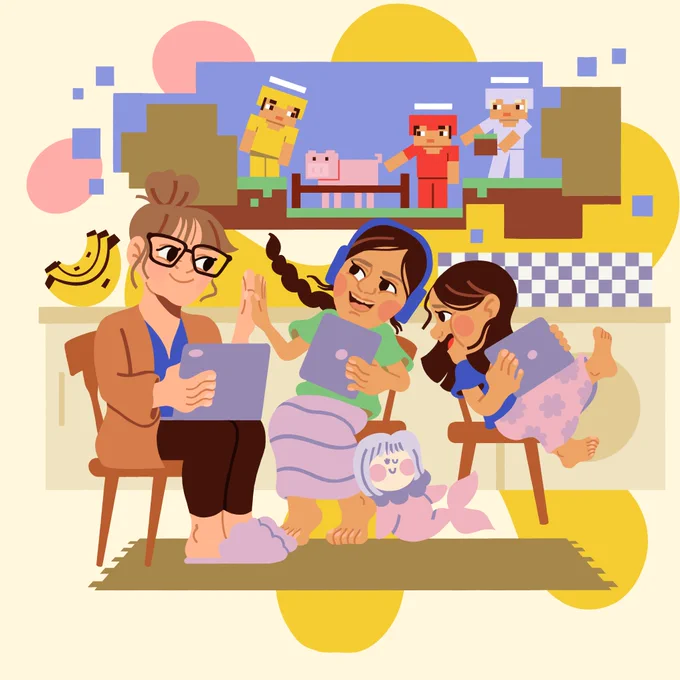 Two young girls and a woman (their Mum) sit in the kitchen playing Minecraft on their tablets (girls) and laptop (Mum). The older girl is high-fiving her Mum and the younger girl is laughing. Behind them, you can see their digital game play within Minecraft - three avatars are interacting with a Minecraft pig.