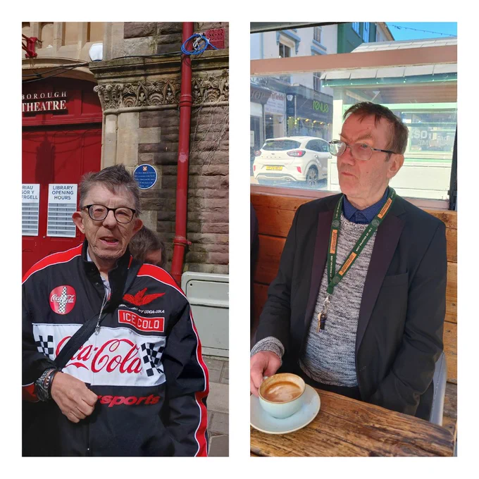 Two photos. One: Lennie and Janet stood outside Borough Theatre in Abergavenny
Two: Ray enjoying the outdoor cafe booths on Abergavenny High st