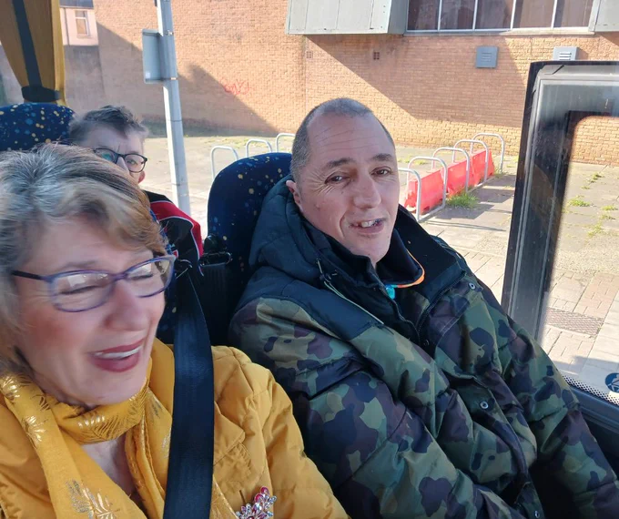 Nick and Mum Barbara on a bus waiting to leave station