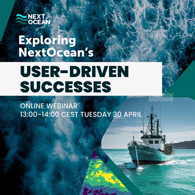 Exploring NextOcean's user-driven successes webinar banner, showing fishing boat and output from the marine heatwave service