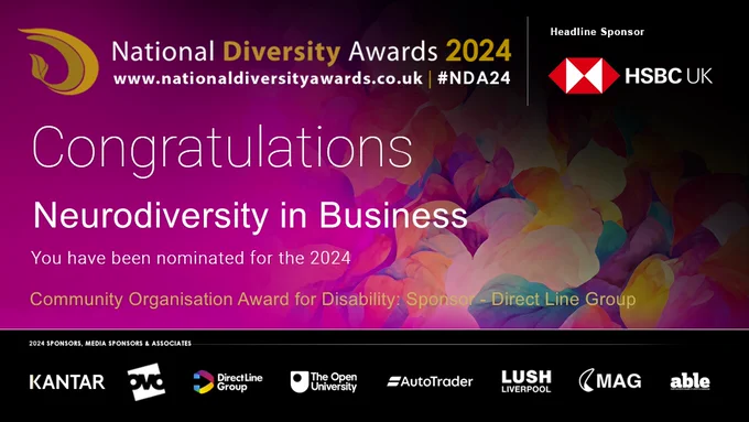 Image showing National Diversity Awards 2024 logo on a multicolour background with text 'Congratulations Neurodiversity in Business - You have been nominated for the 2024Community Organisation for Disability: Sponsor - Direct Line Group