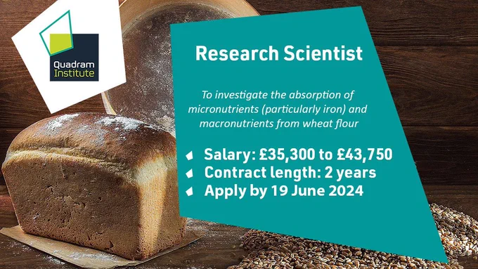 A social card with a photo of bread, flour and wheat grains with the text: Research Scientist to investigate the absorption of micronutrients (particularly iron) and macronutrients from wheat flour. Salary: £35,300 to £43,750, contract length: 2 years,  Apply by 19 June 2024. 
