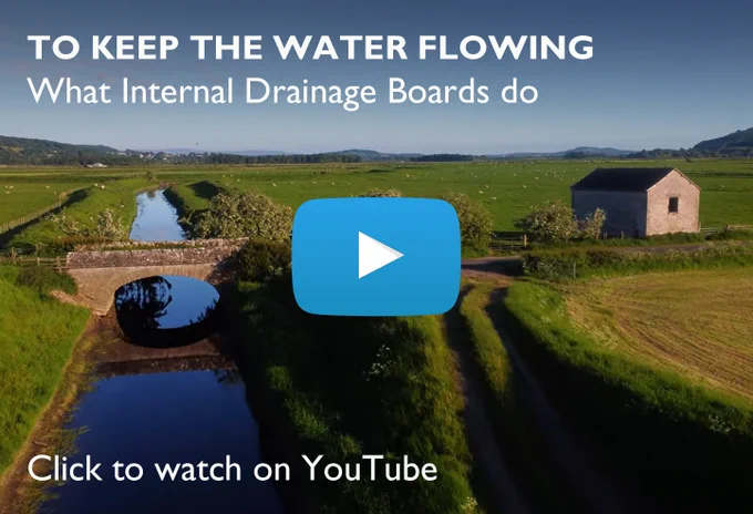 View of a lowland watercourse and the title card for the new video about internal drainage boards that can be watched on YouTube