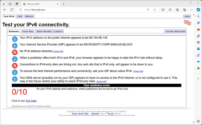screenshot of test-ipv6.com showing microsoft legacy ip address and 0/10 ipv6 readyness score