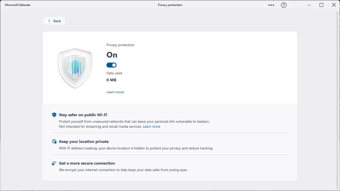screenshot showing microsoft defender privacy protection is on
