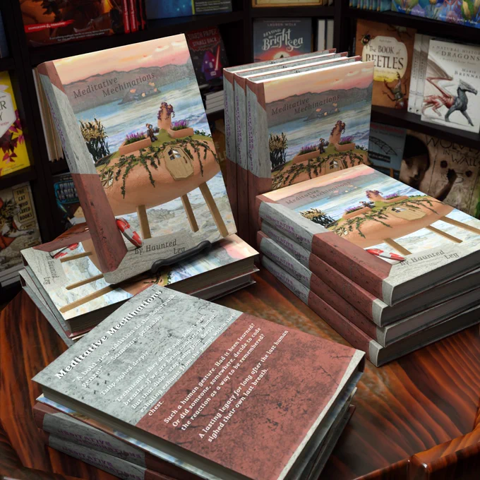 A table filled with a newly released book entitled, “Meditative Mechinations” in a bookstore.