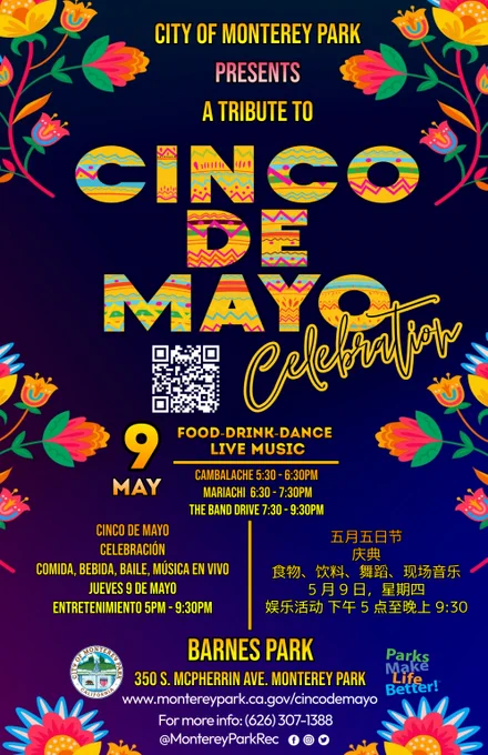 Cinco de Mayo poster with colorful flowers on a dark blue background.