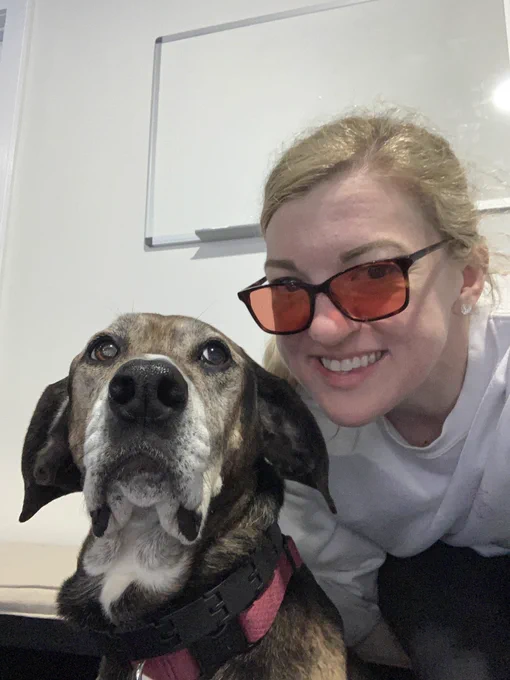 Adorable mature dog with a peppered snout sitting with flat ears and a blonde girl with rose colored glasses smiling behind her