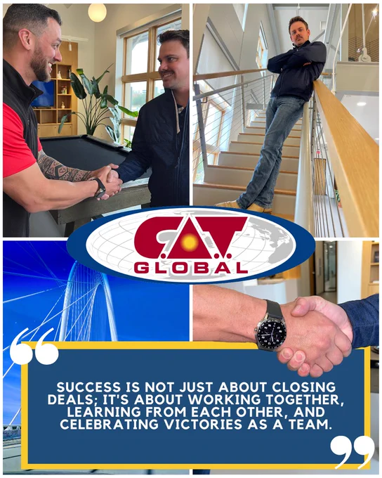An image of people shaking hands, standing on stairs, and a quote spanning across the bottom. 