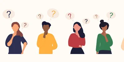 A multicultural group of abstract individuals drawn without faces look toward the screen with their hands on their chins. A series of multicolored question marks appears in thought bubble atop the group.