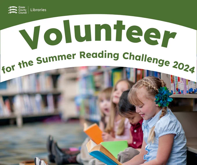 Image of people reading, text says 'Volunteer for the Summer Reading Challenge 2024'