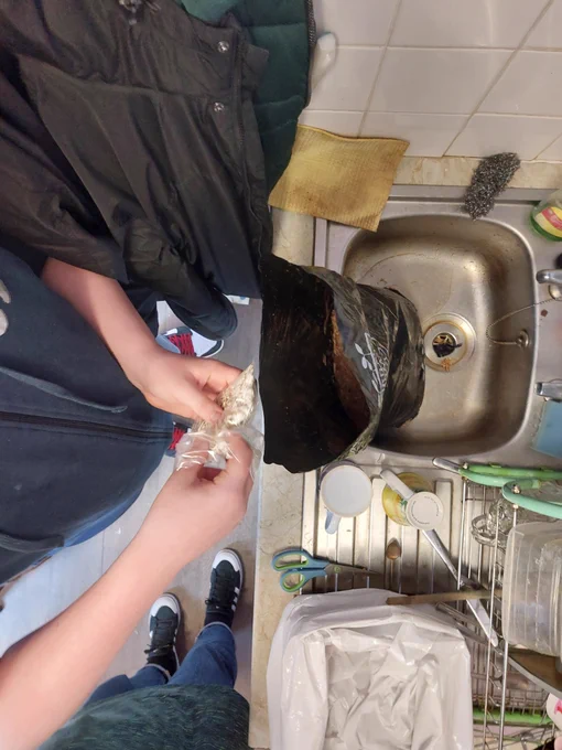 Mixing White Elm Oyster spores with the sterilised growth medium.