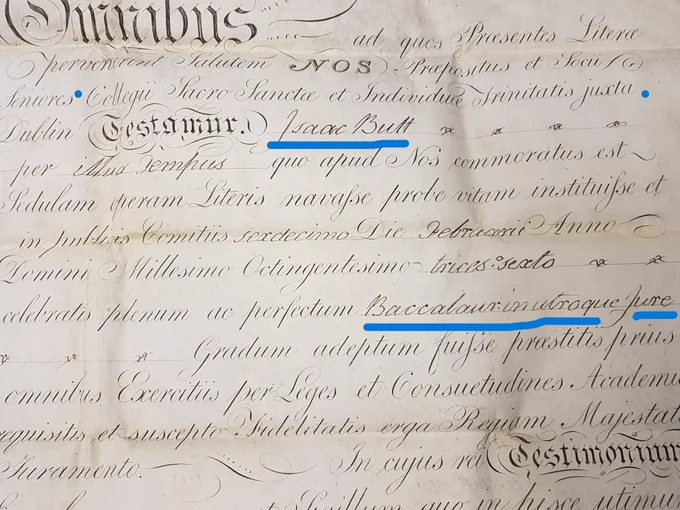 Degree certificate of Isaac Butt from Trinity College Dublin, 1836.